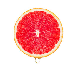 Grapefruit slice withDrop of water on white background.
