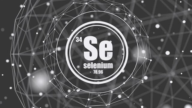 Selenium chemical element. Sign with atomic number and atomic weight. Chemical element of periodic table. Molecule and communication background. Connected lines with dots.