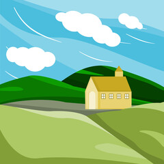 Illustrator vector of Mountain View with blue sky and a little house