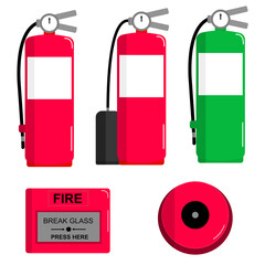 Illustration vector of a set of fire prevention equipment; fire extinguisher, bell, break glass, fire alarm