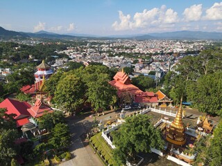Drone aerial view of Wat Phra That Doi Wao Temple in the border town Mae Sai with a view over Tachileik in Myanmar.