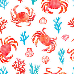 Seamless pattern with sea symbols: crabs, corals, shells. Hand drawn watercolor illustration. Isolated on white © Elena