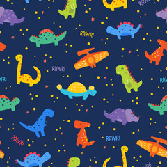 Cute Colorful Cartoon Dinosaurs Seamless Pattern on Dark Background. © Alena
