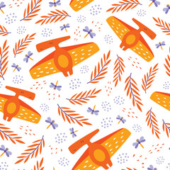 Cute Pterodactyl Dinosaurs Seamless Pattern Background with Leaves and Dragonflies. © Alena