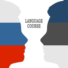 Language learning. Estonia and Russia. National flags inside the heads of the men.