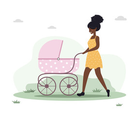 Young woman walking with her newborn child in an pram. Girl on a walk with a stroller and a baby in nature in the open air. Vector illustrations in flat style.