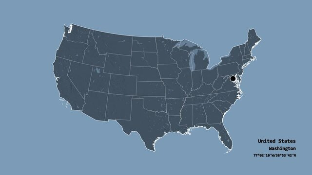 Massachusetts, state of United States mainland, with its capital, localized, outlined and zoomed with informative overlays on a administrative map in the Stereographic projection. Animation 3D