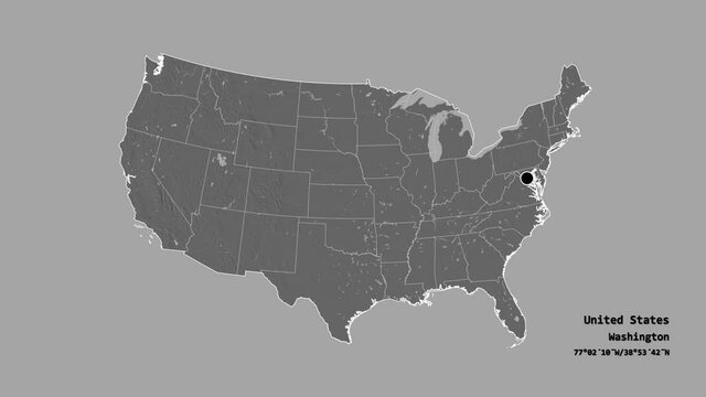Massachusetts, state of United States mainland, with its capital, localized, outlined and zoomed with informative overlays on a bilevel map in the Stereographic projection. Animation 3D