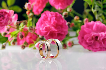 Men's and women's wedding rings and roses on background. Two tone rose gold and white gold wedding rings. Romantic beautiful concept background