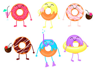 Set of different cartoon donuts. Donut drinks cocktail, eats ice cream and floats. Vector illustration isolated on white background.