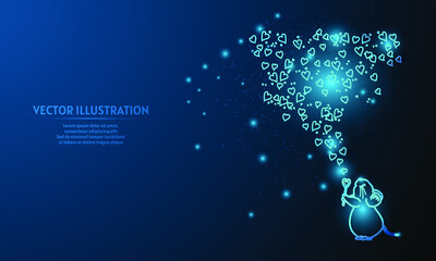 Glowing Witch Mouse Love on blue abstract background. valentine background