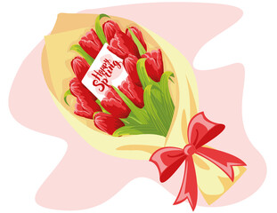happy spring. top view of beautiful red tulips bouquet in wrapping paper and ribbons