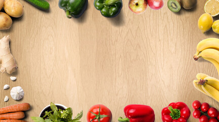 Fresh vegetables and fruits on wood table flat lay. fresh vegetables on wooden background. lemon, tomato, red paprika, cucumber, ginger, green paprika, carrot, potato, garlic.  © masjacks