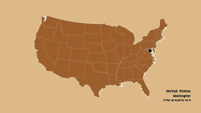 North Carolina, state of United States mainland, with its capital, localized, outlined and zoomed with informative overlays on a solid patterned map in the Stereographic projection. Animation 3D