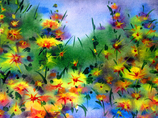 Fototapeta na wymiar Abstract bright colored decorative background . Floral pattern handmade . Beautiful tender romantic summer meadow with flowers , made in the technique of watercolors from nature.