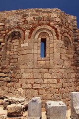 Fototapeta na wymiar Lindos, the Acropolis, ruins of Saint John church, a fragment of the church building. Lindos, Rhodes, Greece 
