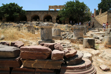 Stone bases of statues, the Acropolis of Lindos, Greece. The dedications in Greek glorify the gods