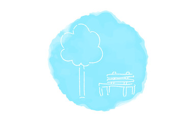 アナログ手書き風のゆるいタッチのアイコン：ベンチと木