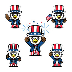 Set of Cute 4th of July independence day mascot design icon illustration vector template