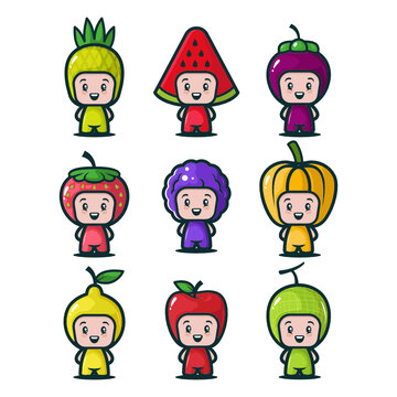 Set of cute fruits costume design icon illustration