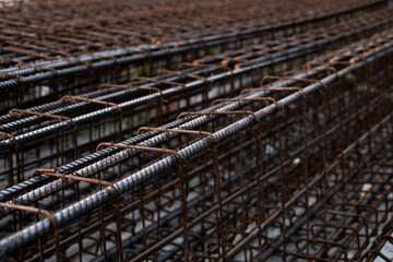 rebar steel bars, reinforcement concrete bars with wire rod used in foundation of construction site.