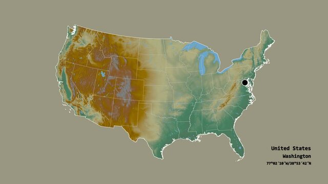 Virginia, state of United States mainland, with its capital, localized, outlined and zoomed with informative overlays on a relief map in the Stereographic projection. Animation 3D