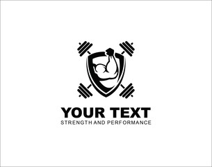 Fitness gym logo with Hand strong and barbell symbol design