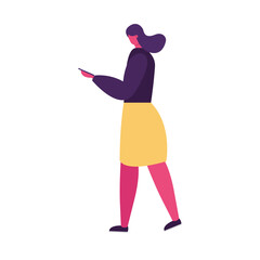 young woman walking using smartphone character