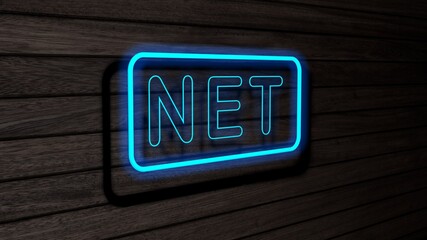 Net cyan color neon fluorescent tubes signs on wooden wall. 3D render, illustration, poster, banner. Inscription, concept on gray wooden wall background.