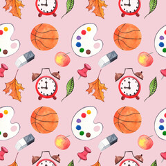 Seamless watercolor pattern with school elements. With paints, basketball, alarm clock and other school supplies.