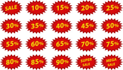 Sale. Banner, discount advertising: big, super, mega sale. Red star symbols set. Discount price tags. Vector illustration