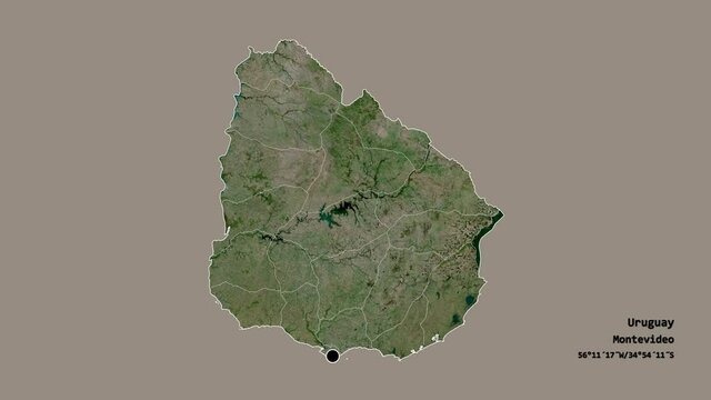 Canelones, department of Uruguay, with its capital, localized, outlined and zoomed with informative overlays on a satellite map in the Stereographic projection. Animation 3D