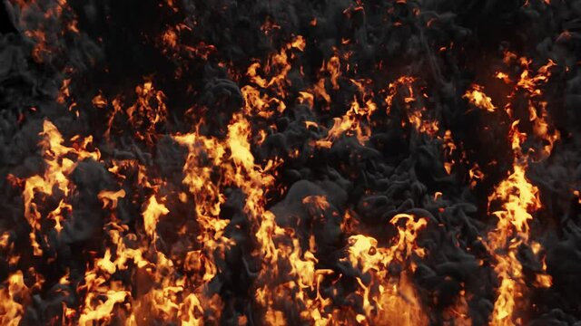 Intense inferno fire, dirty petroleum pollution blaze, huge plume of smoke, dark poisonous clouds.