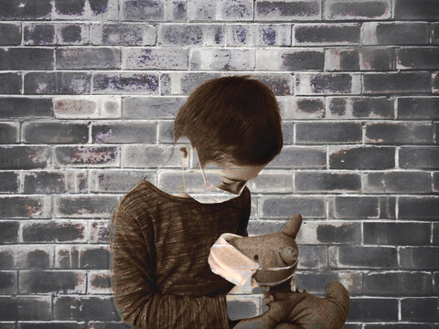 Boy and his teddy wearing mask