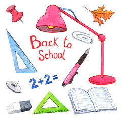 Watercolor set of school elements. Table lamp, notebook, rulers and other stationery on a white background.