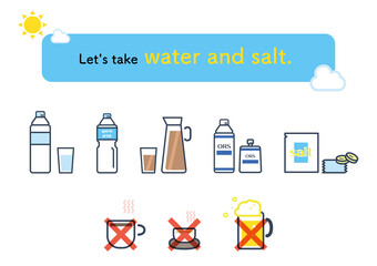 It is an illustration of the drink suitable for hydration in summer, and the drink which is not suitable. Vector image.