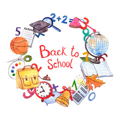 Watercolor frame from school elements. Yellow briefcase, square academic cap, basketball ball, calculator, light bulb, alarm clock and other school supplies on a white background.