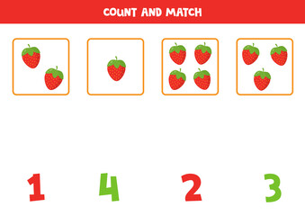 Count cute cartoon strawberries and match with numbers.