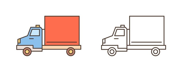 Logistics truck, van or lorry icon. Commercial vehicle with diesel engine, automobile shipment. Delivery, cargo transportation. Flat vector line art illustration isolated on white background