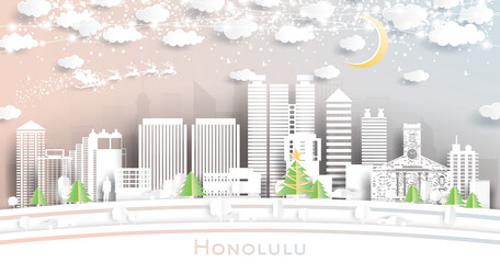 Honolulu Hawaii City Skyline in Paper Cut Style with Snowflakes, Moon and Neon Garland.
