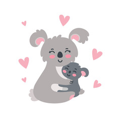 Koala family set. Happy koala parent and child hugging each other. Vector illustration in cute flat style