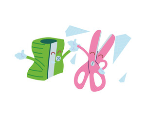 pencil sharpener and scissors with happy face cartoon