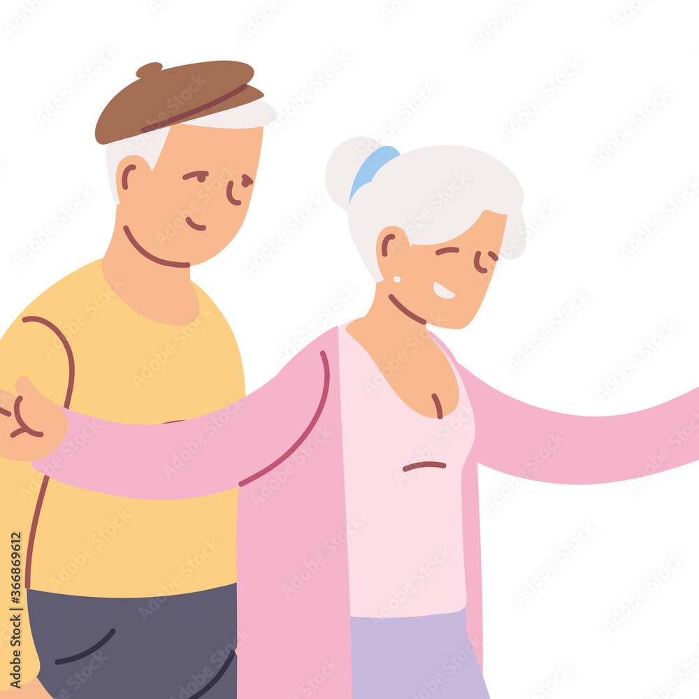 Sticker cartoon elderly grandparents couple smiling