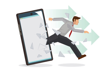 Businessman breaks surface of smartphone monitor.