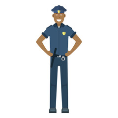Character policeman standing isolated on white, flat vector illustration. Human male important professional activity, smiling people profession.