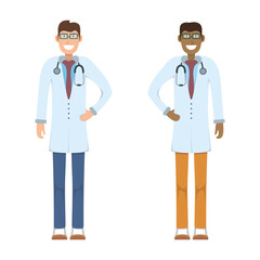 Character doctor standing isolated on white, flat vector illustration. Human male female important physician professional activity, smiling people.