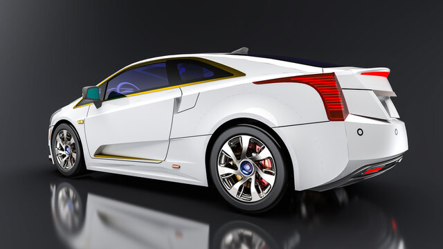 3D Illustration. Muscle White Car Rendering Isolated On Grey Background. Modern Classic Sport Car. Car Show. Wheels. Bumper. Front Perspective View. Cadillac Realistic 3D Rendering.