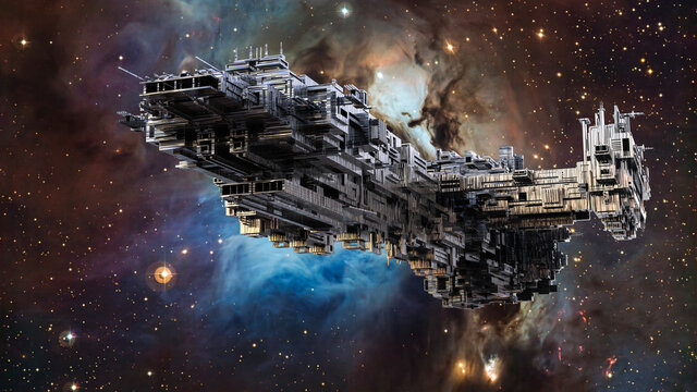Realistic 3D illustration. Big futuristic alien spaceship traveling in the Universe. Military spacecraft flying in deep space with stars and planets in the background. Scientific, future expedition.