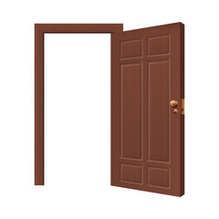 Realistic wooden door fully open all the way with empty isolated frame