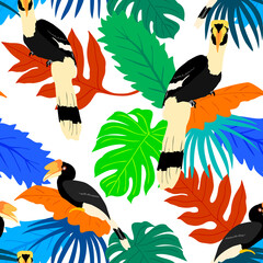 Exotic birds with tropical leaves seamless pattern. Tropical jungle foliage vector illustration. Summer beach design. Paradise nature.